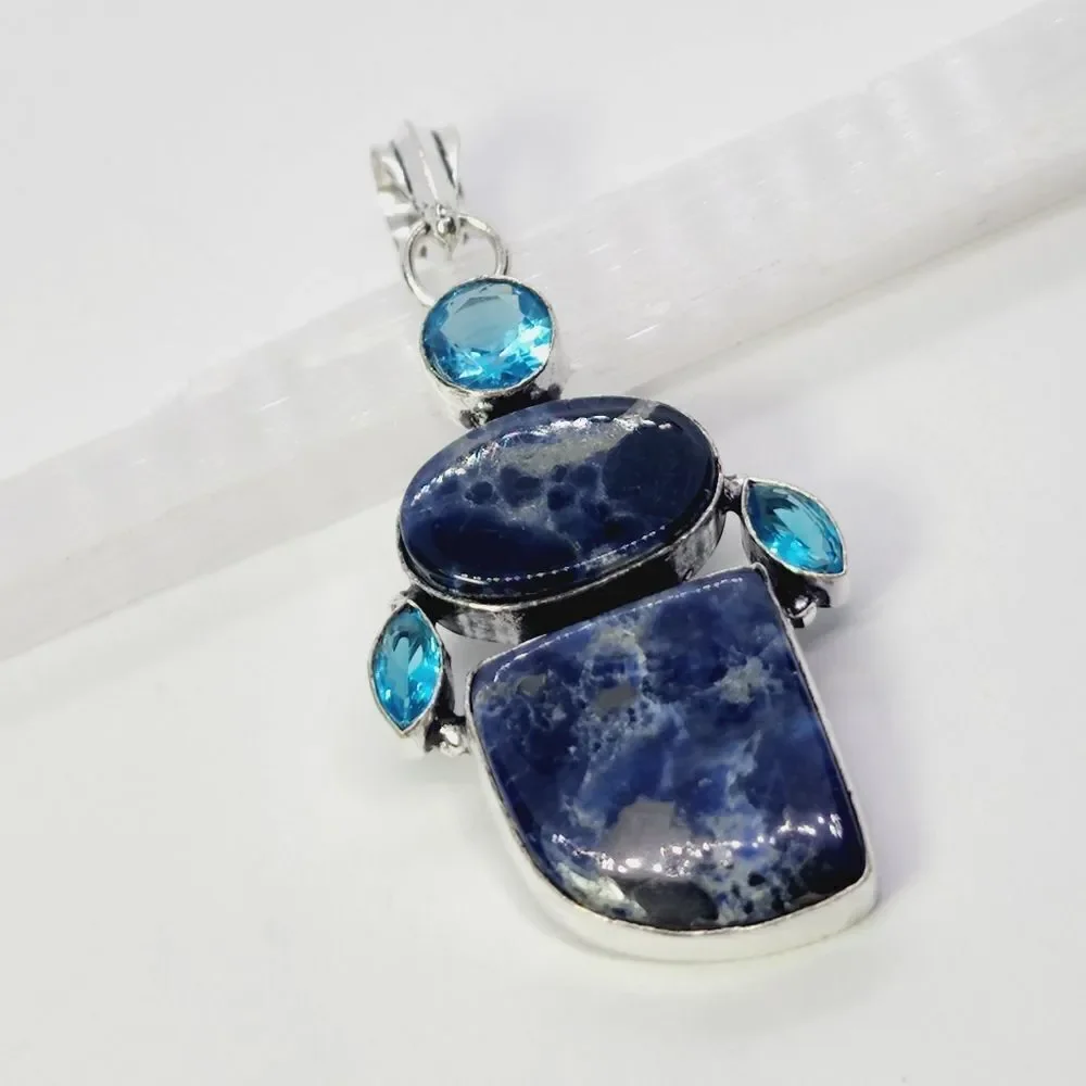Sodalite Blue Quartz Sterling Silver Plated Pendant 2.5
